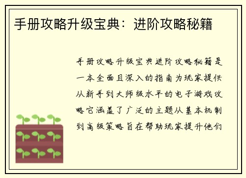 手册攻略升级宝典：进阶攻略秘籍